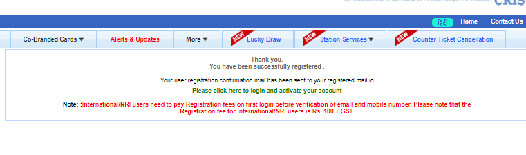 irctc successfully registered