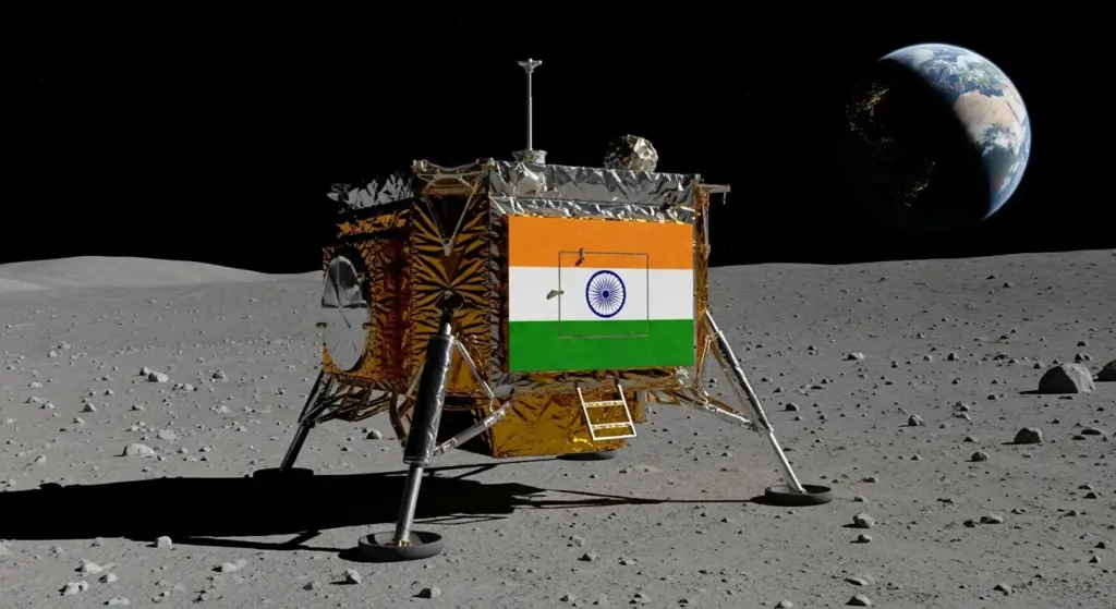 Chandrayaan lander on the moon surface with Indian flag
