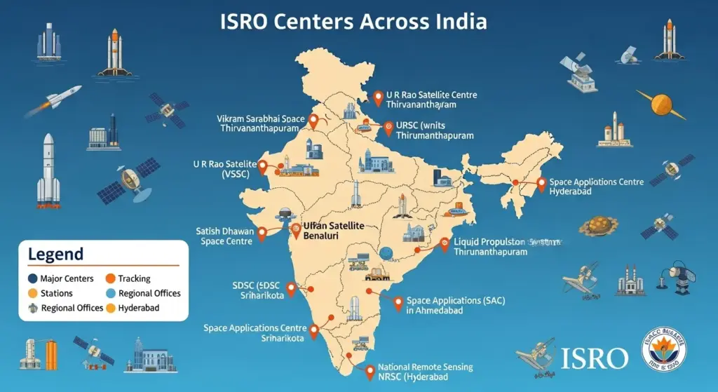 Infographic showing ISRO centers across India