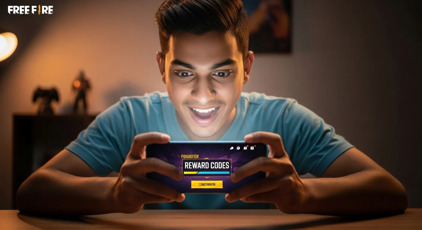 Indian gamer excitedly checking Free Fire reward codes on smartphone