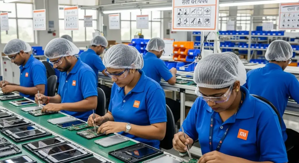 Indian workers assembling MI phones in factory