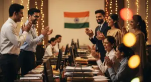 An Indian government office background with happy male and female central government