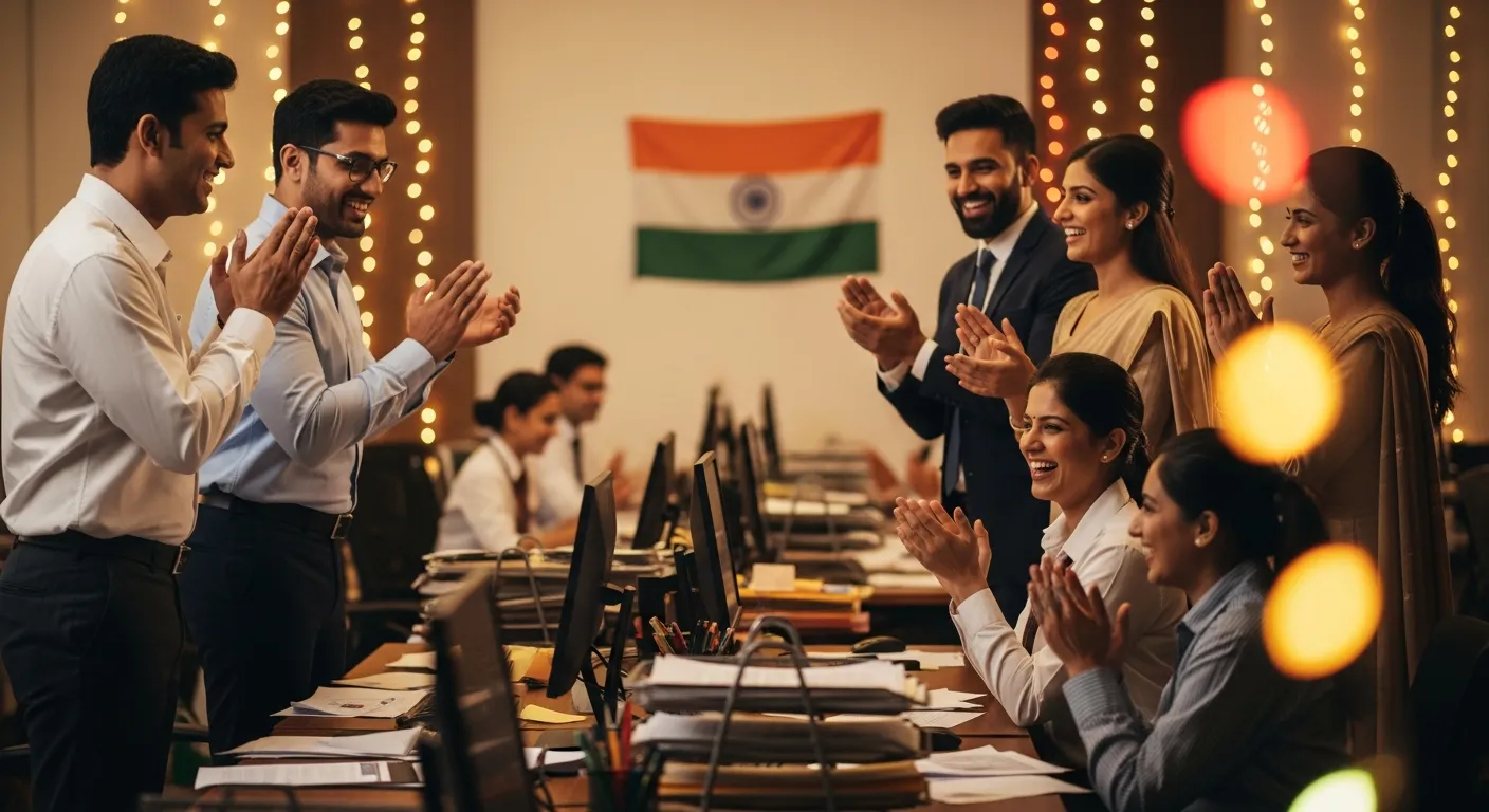 An Indian government office background with happy male and female central government