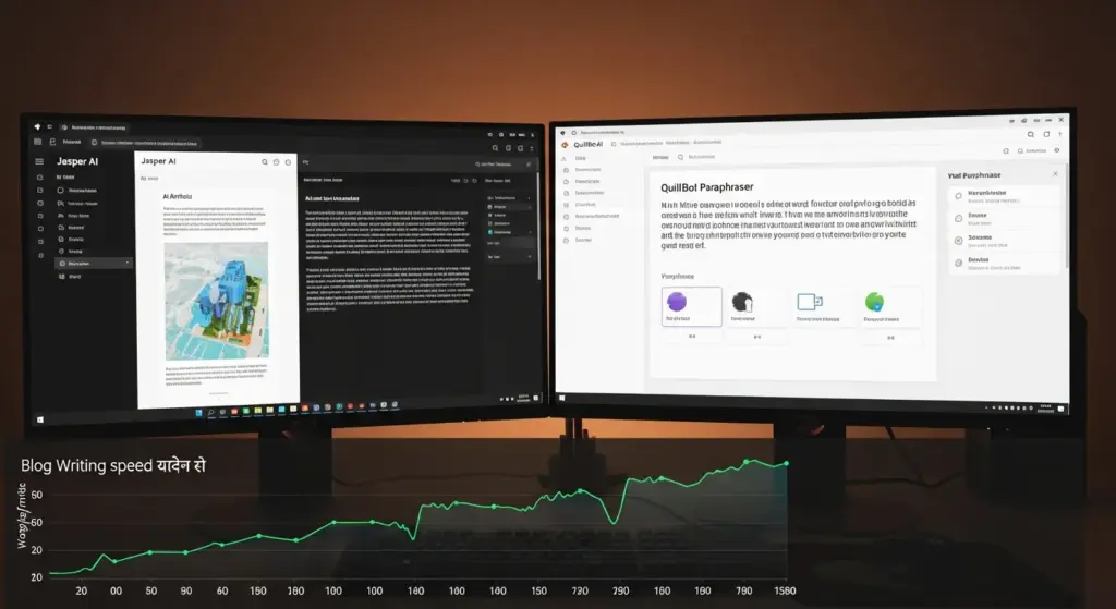 Jasper AI और QuillBot का हिंदी लेखन पर प्रभाव दिखाती तुलना।