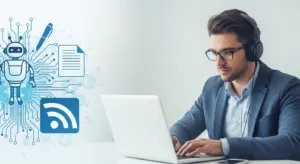 हिंदी कंटेंट ब्लॉगिंग के लिए AI टूल्स इस्तेमाल करता हुआ लेखक