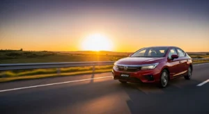 A brand new Honda City on an open road with sunset background, high resolution