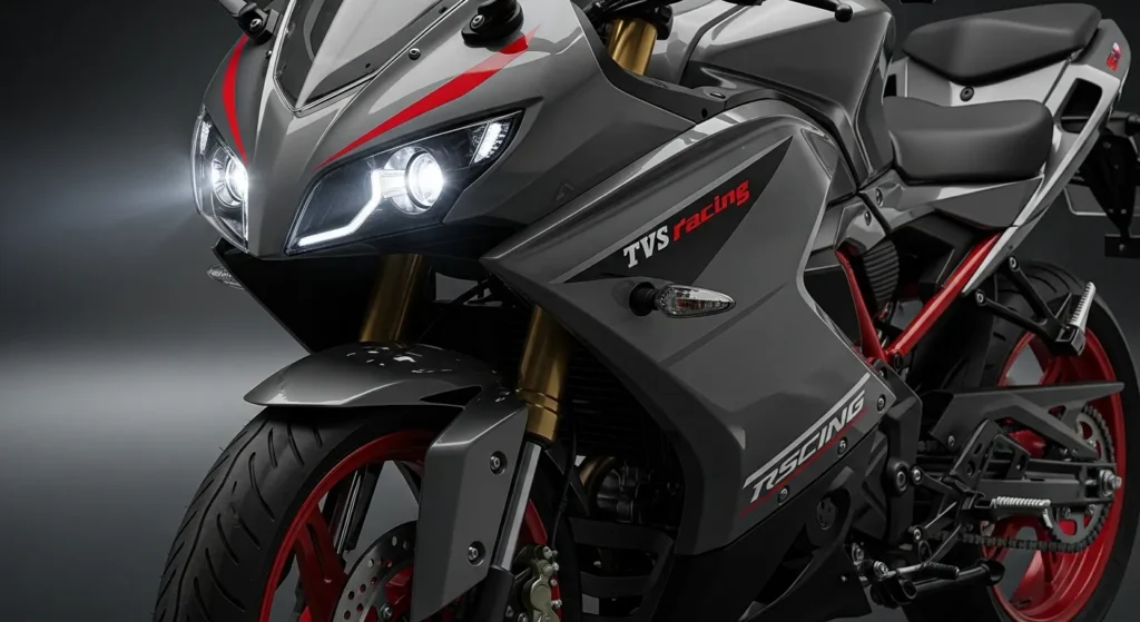 Close-up shot of TVS Apache RR 310 headlamp, fuel tank, and alloy wheels.630Z