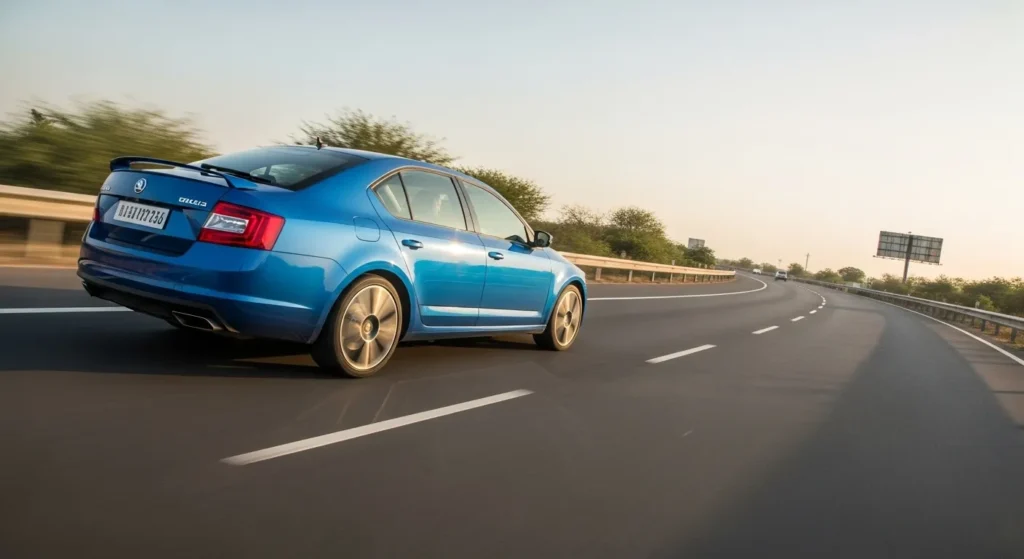 Dynamic on-road action shot of Skoda Octavia RS speeding on Indian highway