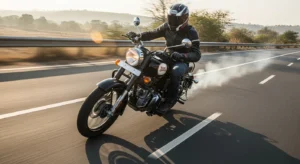 Royal Enfield 350cc motorcycle leaning on a curve at high speed on an Indian highway