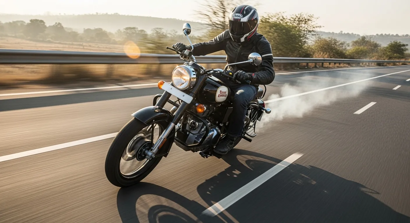Royal Enfield 350cc motorcycle leaning on a curve at high speed on an Indian highway