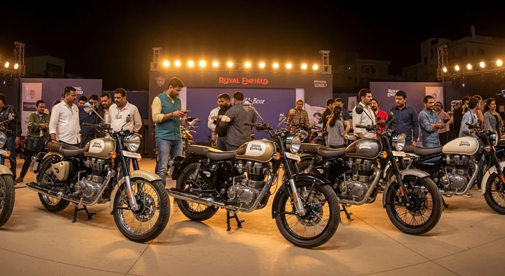 Royal Enfield 350cc motorcycles lined up in India