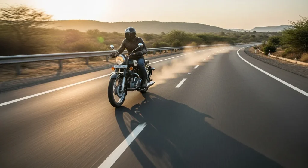Royal Enfield Bullet 350 dynamic action shot on Indian highway