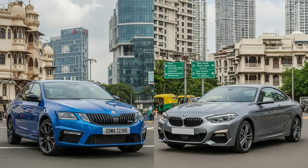 Side-by-side render of Skoda Octavia RS vs BMW 2-Series Gran Coupe