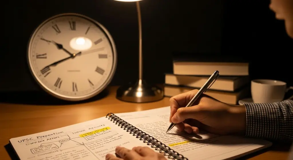 A focused student taking notes, managing time effectively for IAS exam preparation