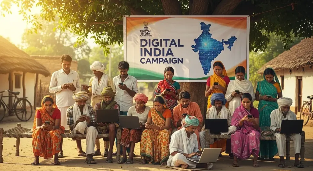 A group of Indian villagers using smartphones and laptops under Digital India campaign banner