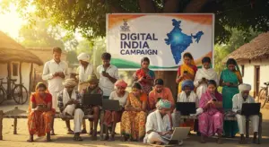A group of Indian villagers using smartphones and laptops under Digital India campaign banner