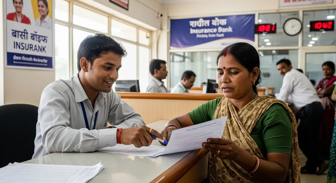 Bank employee helping rural woman fill insurance form