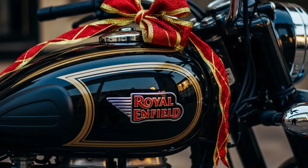 Close-up of Bullet 350 tank and chrome finish with festive decor
