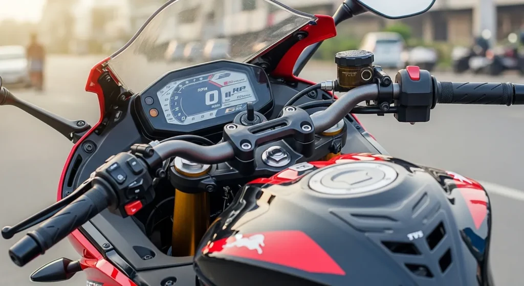 Close-up of TVS Apache RR 310 headlights, dashboard, and fuel tank design