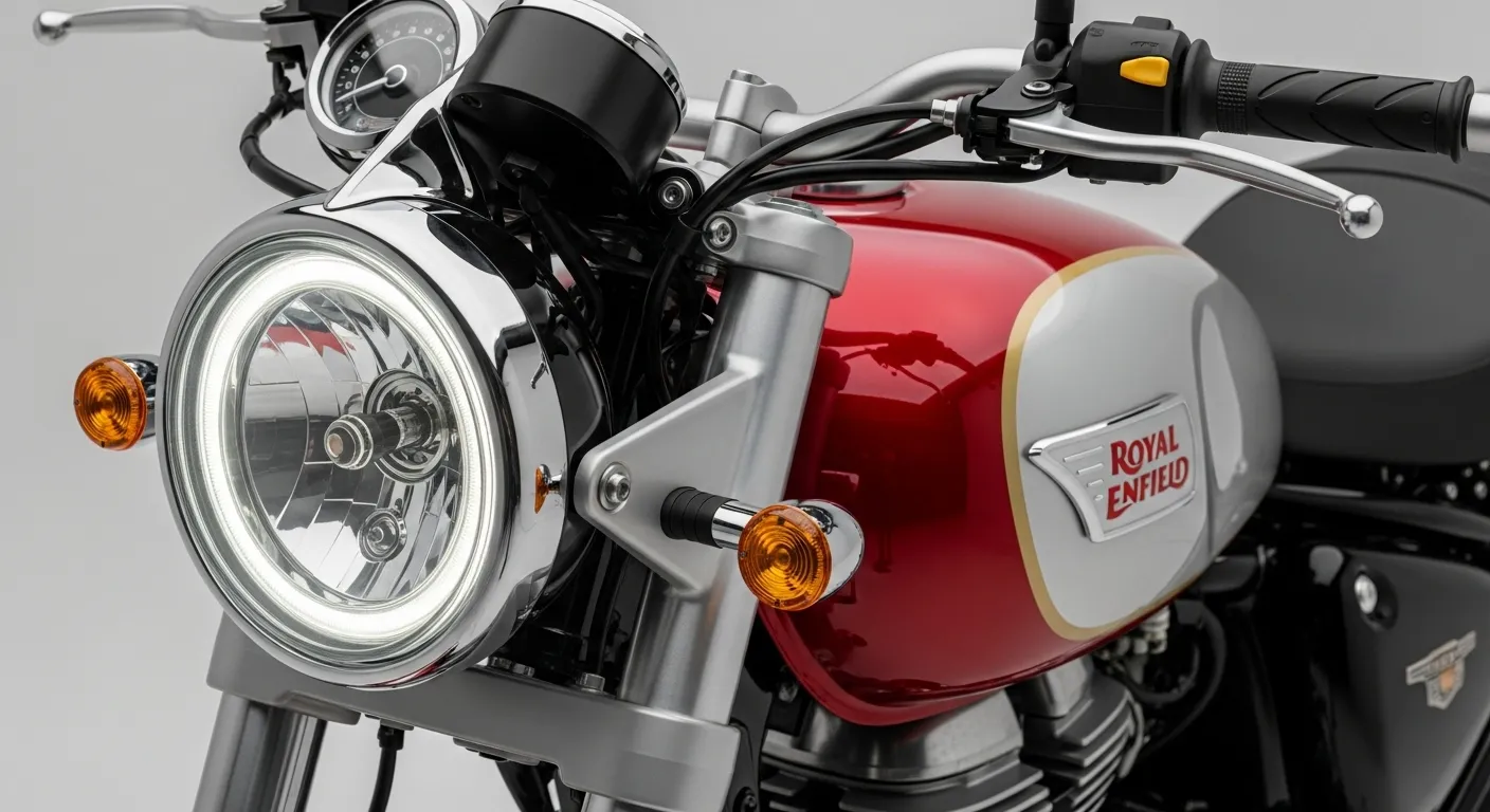 Close-up shot of Royal Enfield Guerrilla 450 headlight