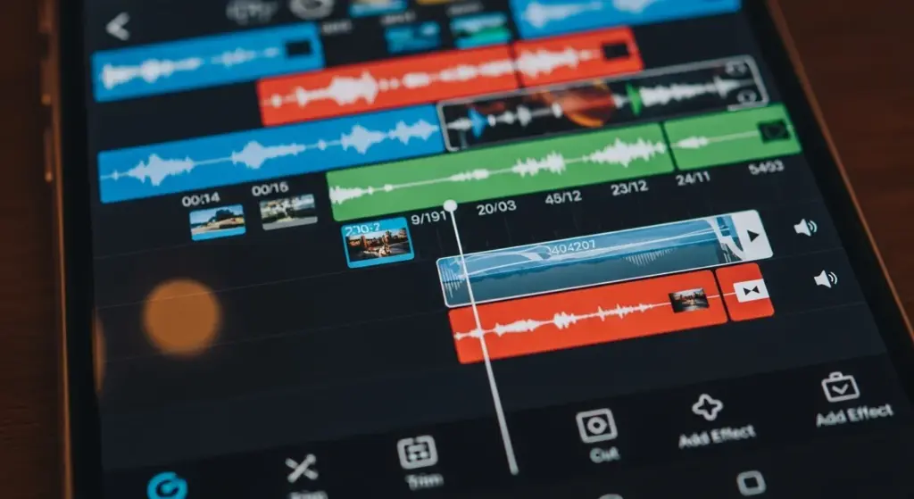 Close-up shot of smartphone screen showing video editing timeline with colorful clips