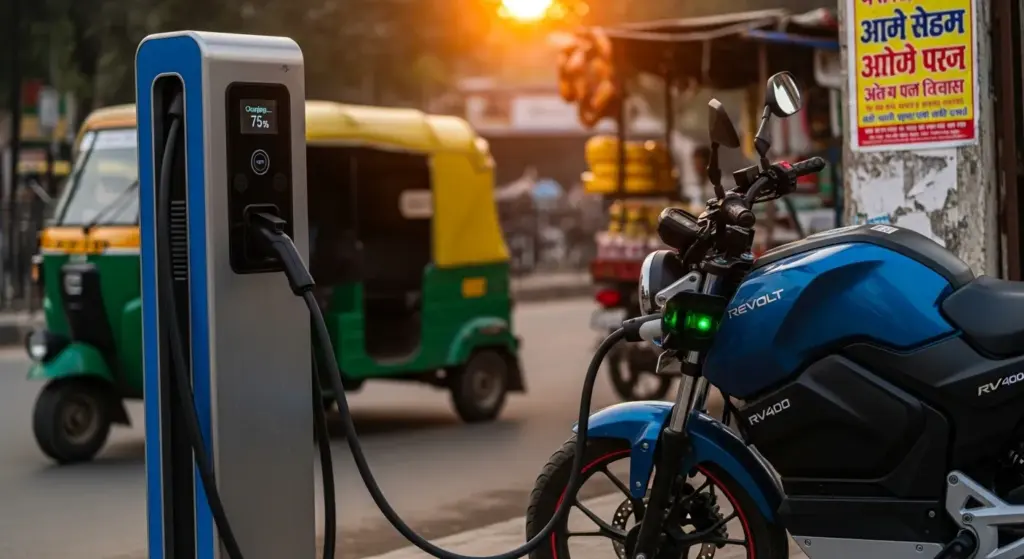 Delhi EV charging point with electric bike plugged