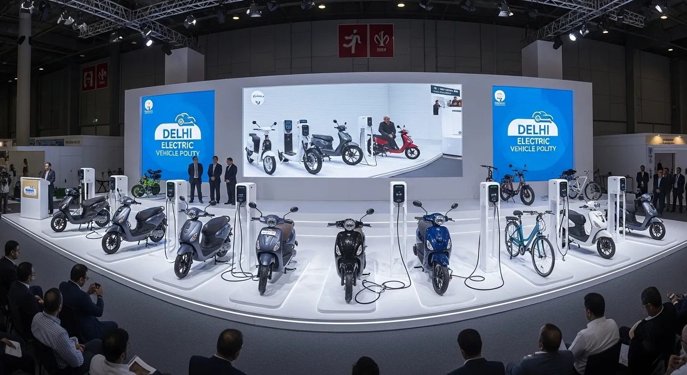 Delhi EV policy 2025 launch showcase with electric bikes and charging setup