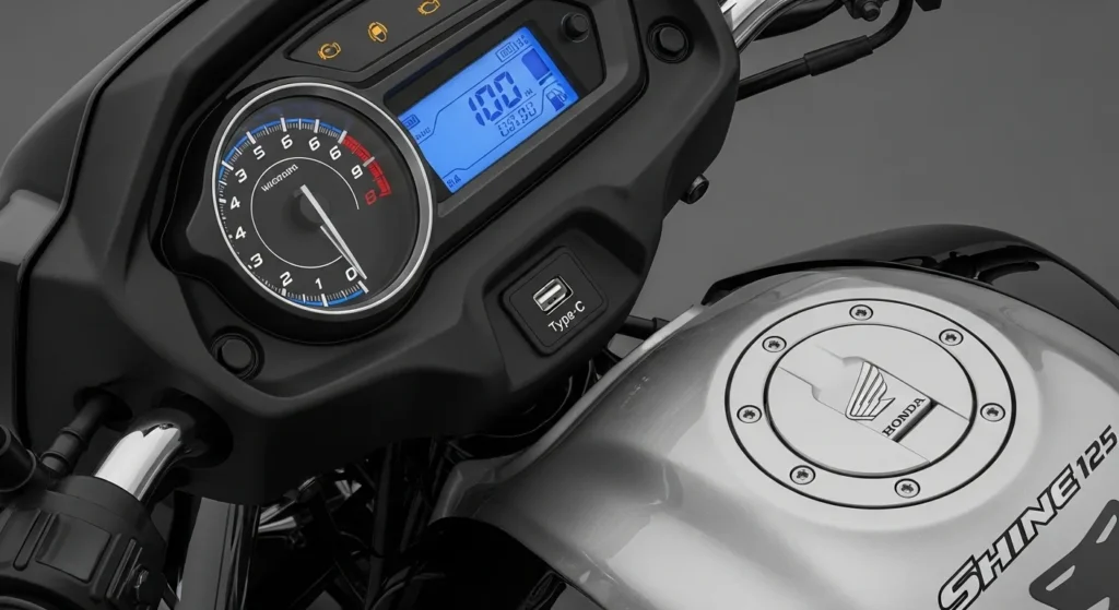 Digital cluster and USB Type-C charging port on 2025 Honda Shine 125