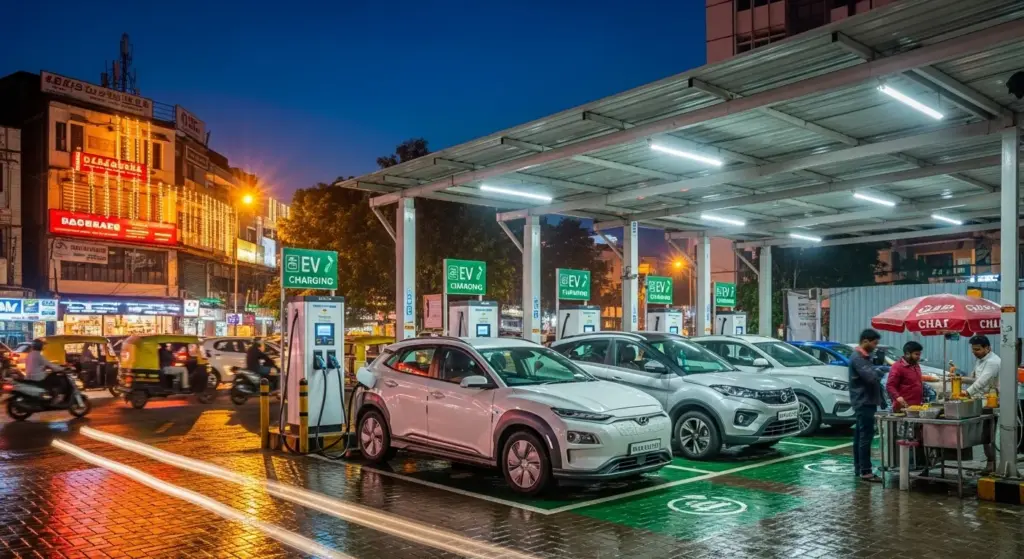 EV charging station in Indian city with multiple cars charging at night