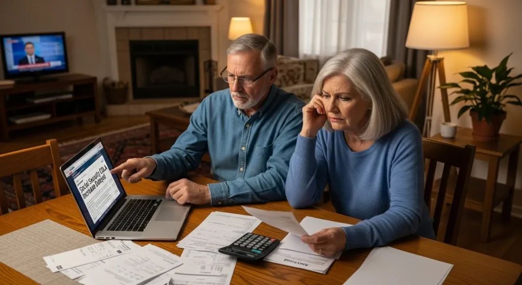Elderly couple reviewing household bills while waiting for COLA 2026 announcement.