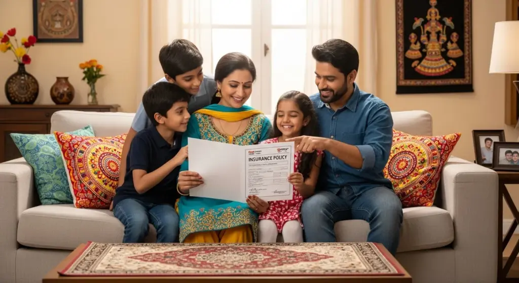 Happy Indian family showing insurance policy certificate