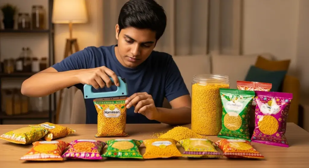 Indian entrepreneur packaging colorful namkeen pouches at home