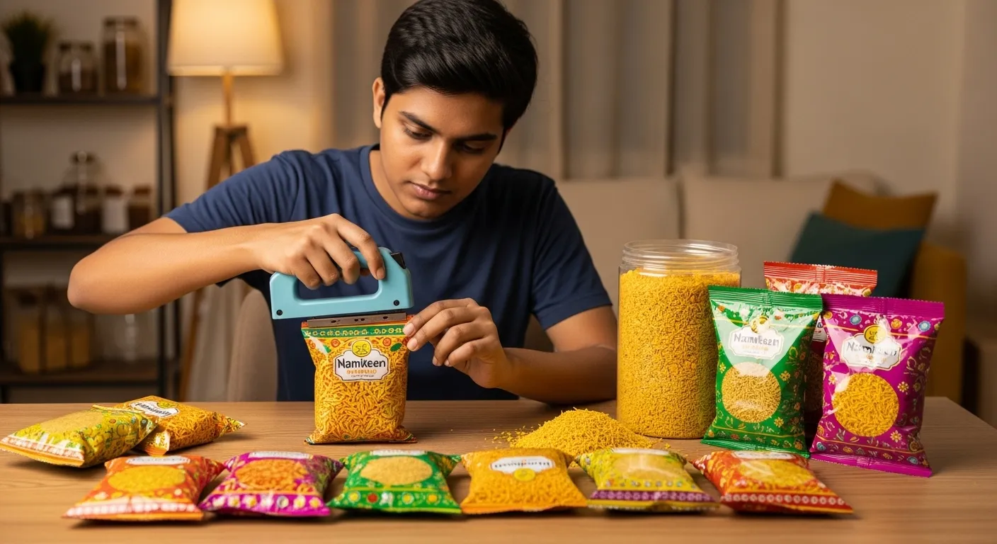Indian entrepreneur packaging colorful namkeen pouches at home