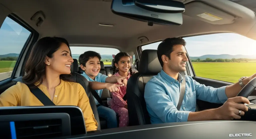 Indian middle-class family driving Maruti electric car on weekend trip with smiling kids