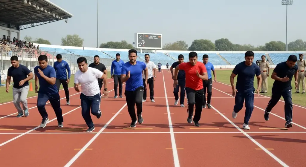 Indian police candidates during physical fitness test, race track background