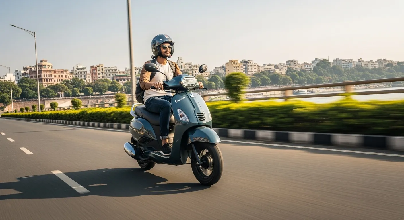 Indian rider posing with River Indie Gen 3 electric scooter on highway.