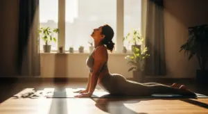 Indian woman doing Bhujangasana yoga pose at home – morning light, peaceful mood