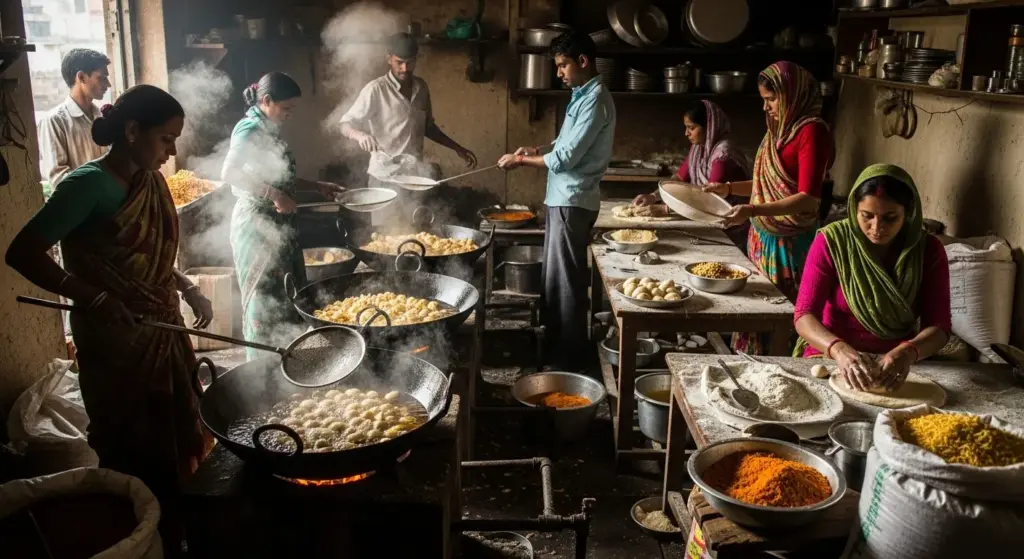 Indian and men working in small namkeen production unit
