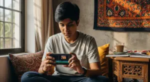 Indian young content creator editing video on smartphone with natural daylight