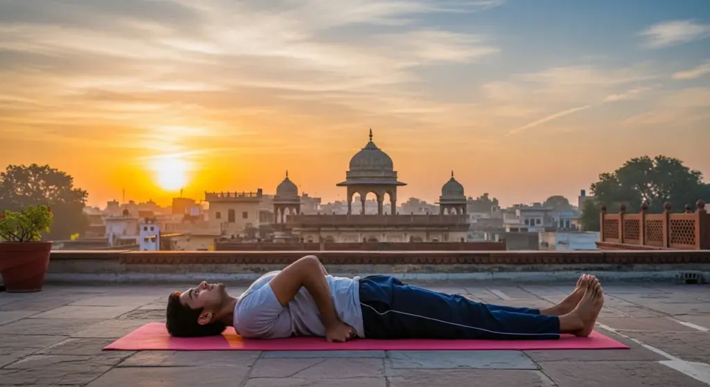 Indian youth performing Setu Bandhasana on terrace during sunrise.