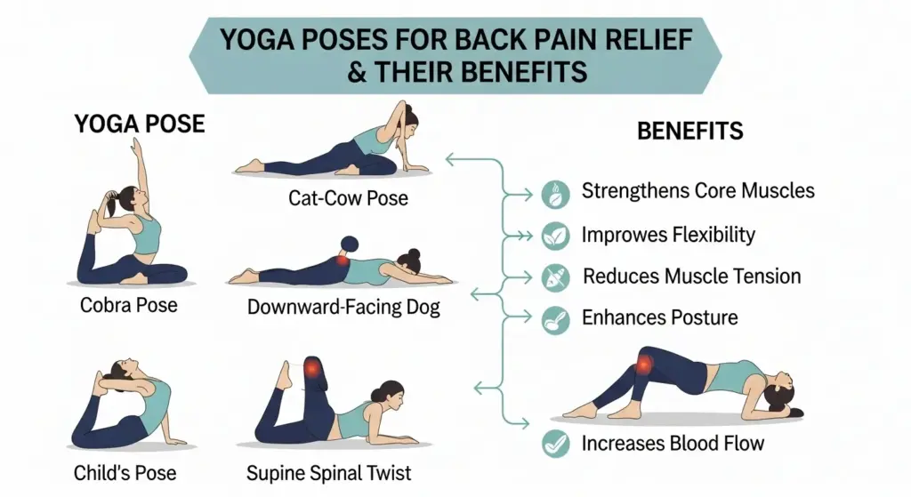 Infographic comparing yoga poses for back pain relief with benefits