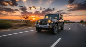 Mahindra Thar 2025 SUV driving dynamically on Indian highway during sunset