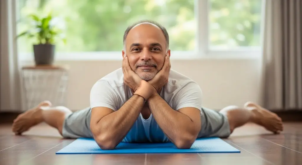 Middle-aged Indian man relaxing in Makarasana pose on yoga mat