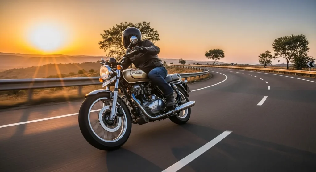 Rajdoot 350 bike on road showcasing 350cc engine performance and road grip