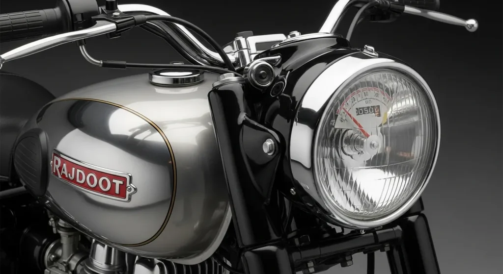 Rajdoot 350 close-up showing fuel tank, headlamp and retro design elements