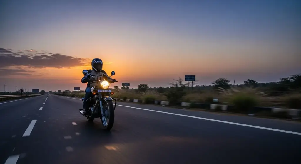 Royal Enfield Bullet 350 riding on highway during festive season