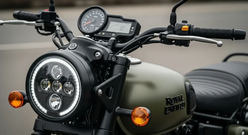 Royal Enfield Guerrilla 450 LED headlamp, fuel tank, and design features close view
