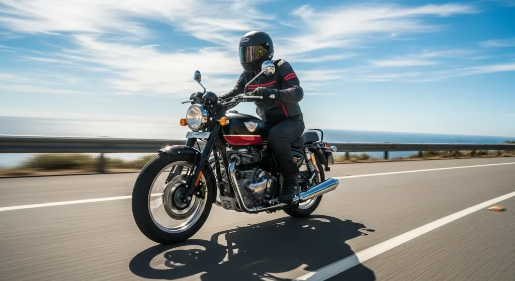 Royal Enfield Guerrilla 450 in motion during a test ride on Indian highway.