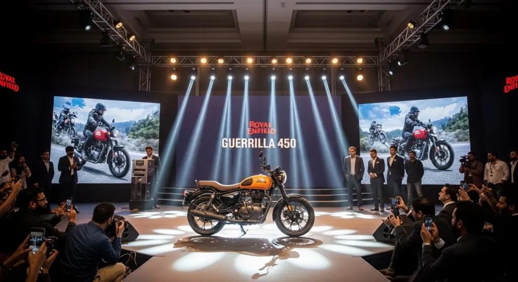 Royal Enfield Guerrilla 450 launch showcase in India with stylish roadster design