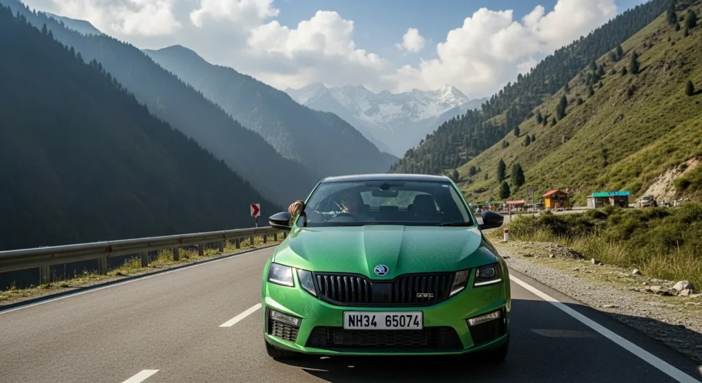 Royal Enfield Guerrilla 450 lifestyle shot with rider on Indian highway